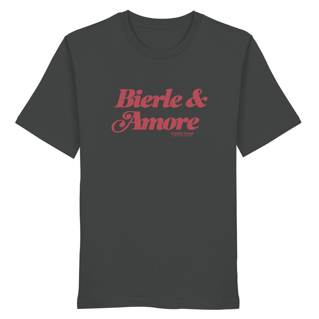 Anthracites Unisex T-Shirt mit rotem „Bierle &amp; Amore“-Frontprint – bayerische Streetwear von Grantler Gwand im modernen, minimalistischen Look.