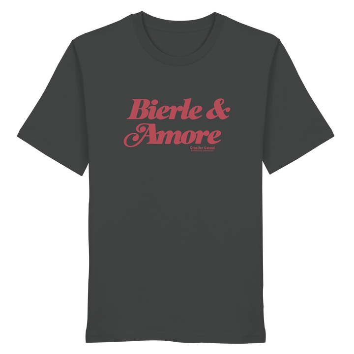Anthracites Unisex T-Shirt mit rotem „Bierle &amp; Amore“-Frontprint – bayerische Streetwear von Grantler Gwand im modernen, minimalistischen Look.