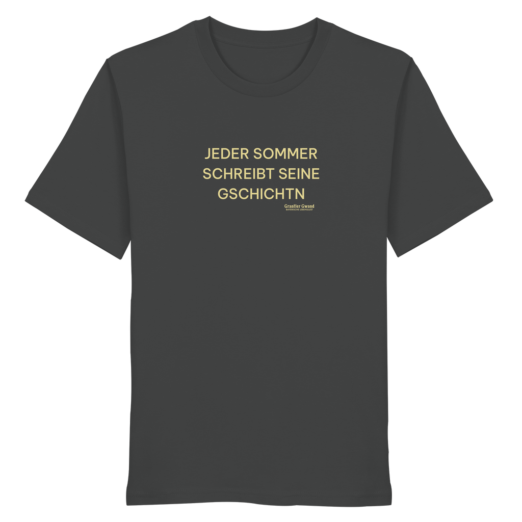 Jeder Sommer schreibt seine Gschichtn - gelbe Variante - Frontprint - T-Shirt
