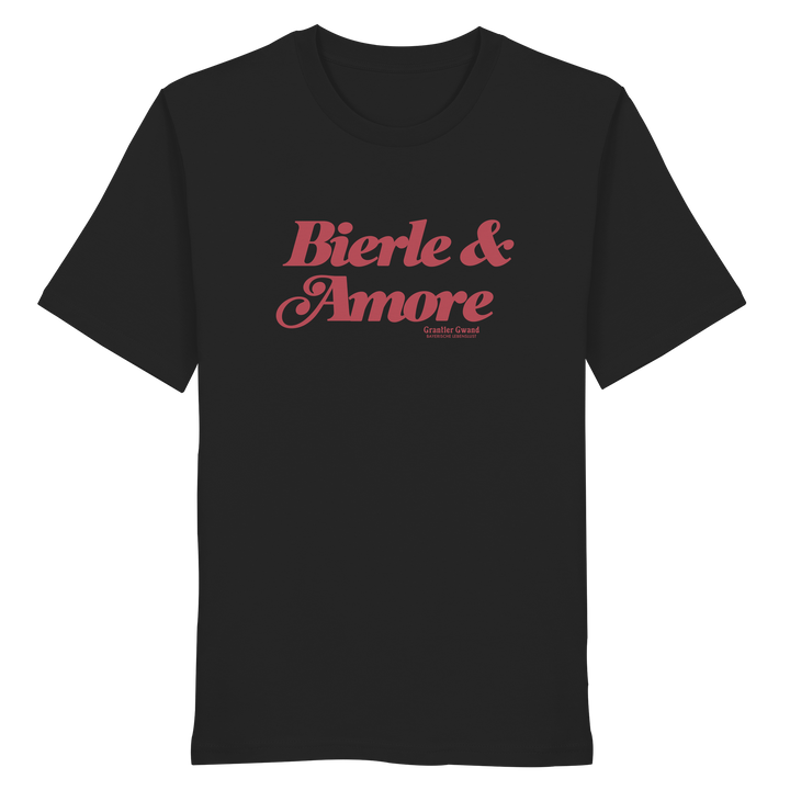 Schwarzes Unisex T-Shirt mit rotem „Bierle &amp; Amore“-Frontprint – bayerische Streetwear von Grantler Gwand im modernen, minimalistischen Look.