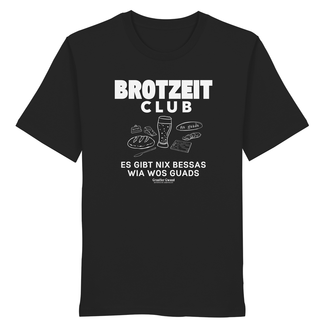 Schwarzes Unisex T-Shirt von Grantler Gwand mit weißem Frontprint „Brotzeit Club“ und handgezeichneten Brotzeit-Motiven – bayerisches Streetwear Shirt aus 100% Baumwolle.