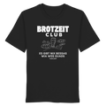 Schwarzes Unisex T-Shirt von Grantler Gwand mit weißem Frontprint „Brotzeit Club“ und handgezeichneten Brotzeit-Motiven – bayerisches Streetwear Shirt aus 100% Baumwolle.