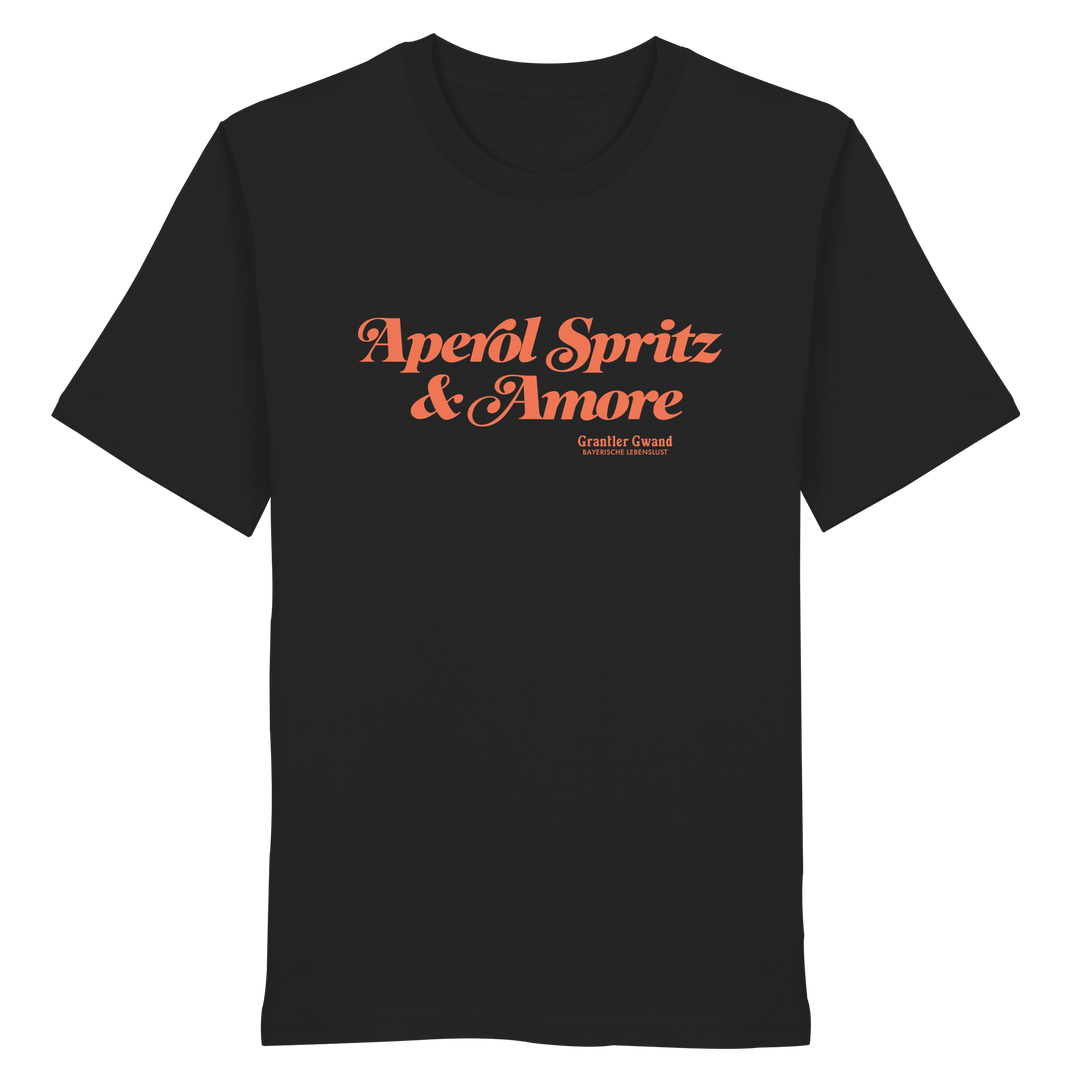 Schwarzes Shirt mit orangefarbenem Schriftzug "Aperol Spritz & Amore" im minimalistischen Streetwear-Design von Grantler Gwand.