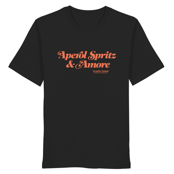 Schwarzes Shirt mit orangefarbenem Schriftzug "Aperol Spritz &amp; Amore" im minimalistischen Streetwear-Design von Grantler Gwand.
