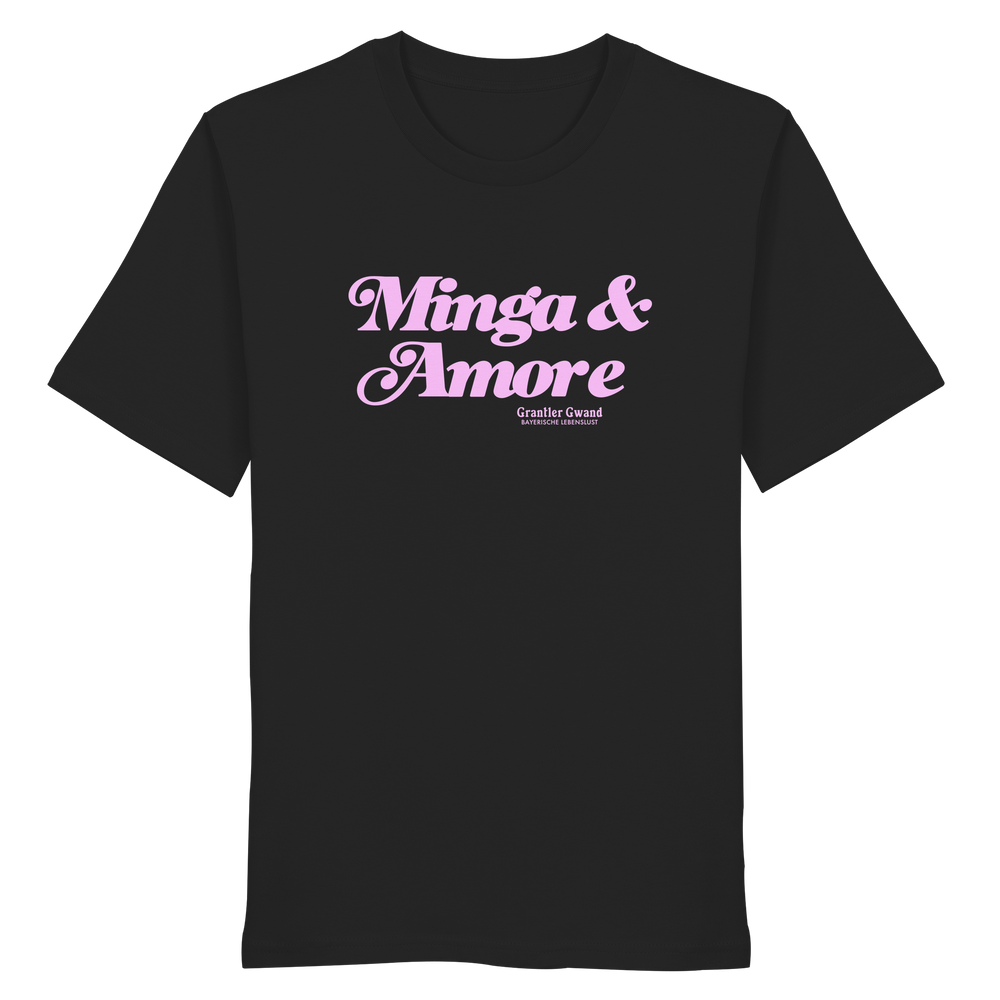 Schwarzes T-Shirt mit rosa Frontprint „Minga & Amore“ im Retro-Schriftzug – modernes,  München T-Shirt mit bayerischem Charme von Grantler Gwand.