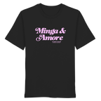 Schwarzes T-Shirt mit rosa Frontprint „Minga & Amore“ im Retro-Schriftzug – modernes,  München T-Shirt mit bayerischem Charme von Grantler Gwand.