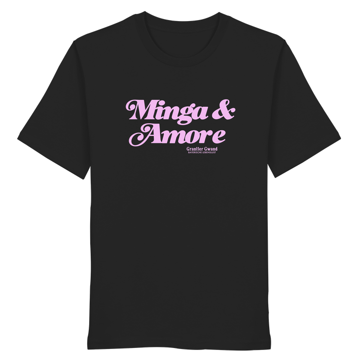Schwarzes T-Shirt mit rosa Frontprint „Minga &amp; Amore“ im Retro-Schriftzug – modernes,  München T-Shirt mit bayerischem Charme von Grantler Gwand.