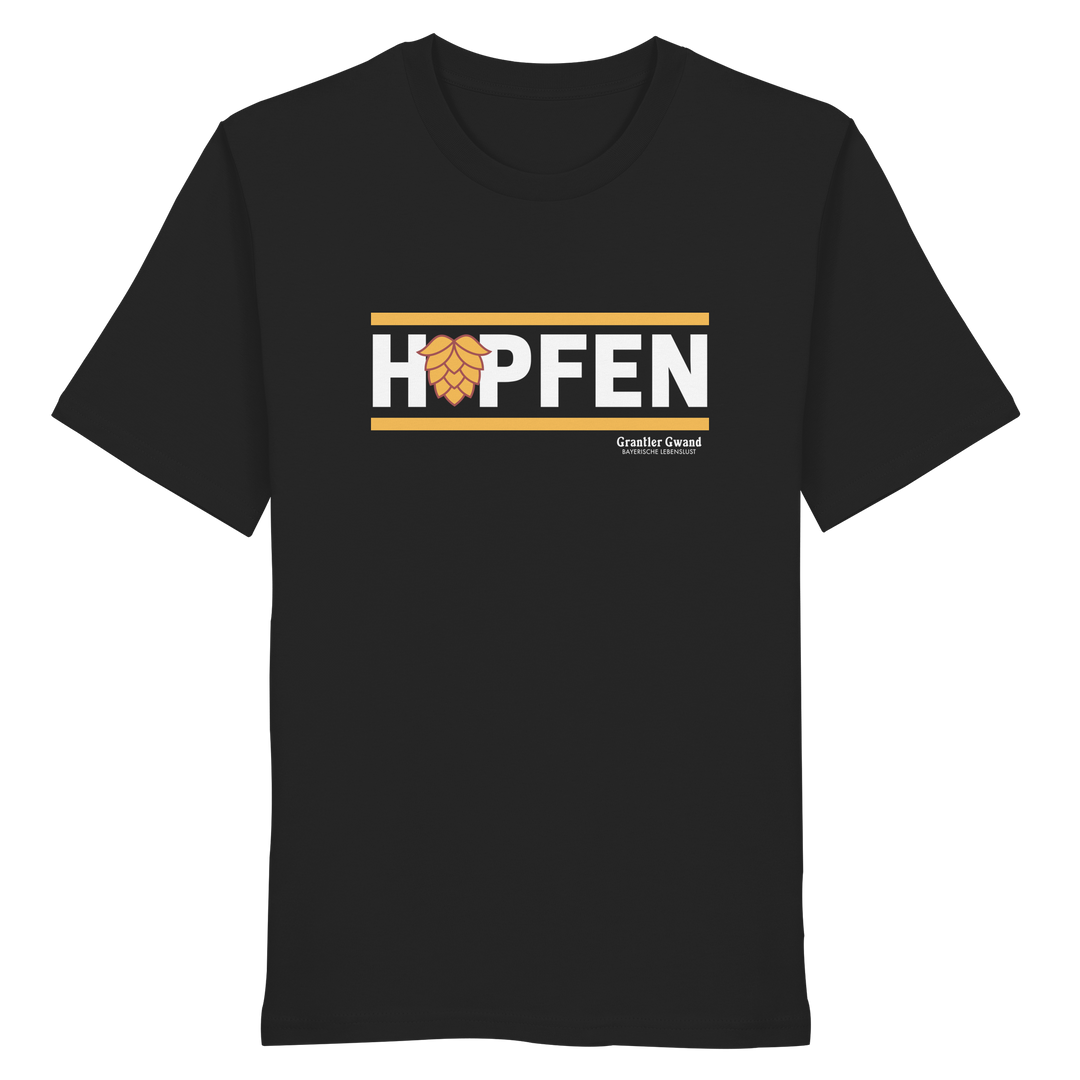Schwarzes Shirt mit minimalistischem Hopfen-Frontprint in Schwarz und Blau von Grantler Gwand.