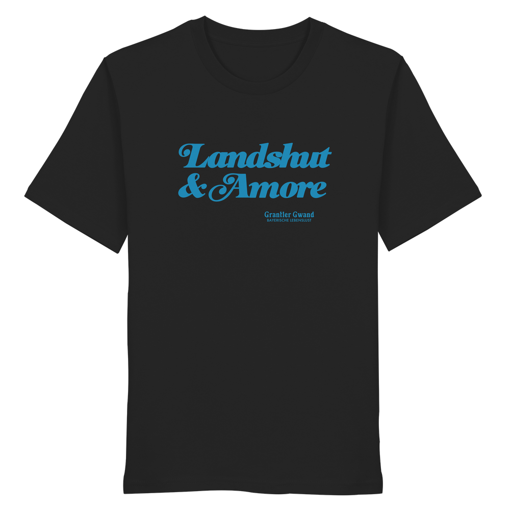 Schwarzes Unisex T-Shirt mit blauem „Landshut & Amore“-Frontprint – bayerische Streetwear von Grantler Gwand im modernen, minimalistischen Look.