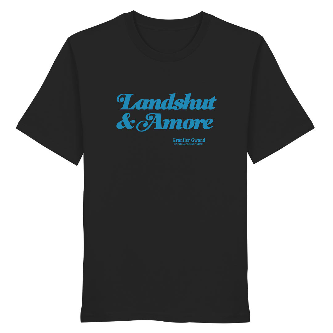 Schwarzes Unisex T-Shirt mit blauem „Landshut &amp; Amore“-Frontprint – bayerische Streetwear von Grantler Gwand im modernen, minimalistischen Look.