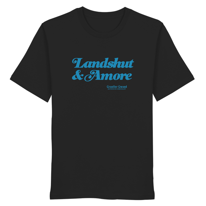 Schwarzes Unisex T-Shirt mit blauem „Landshut &amp; Amore“-Frontprint – bayerische Streetwear von Grantler Gwand im modernen, minimalistischen Look.