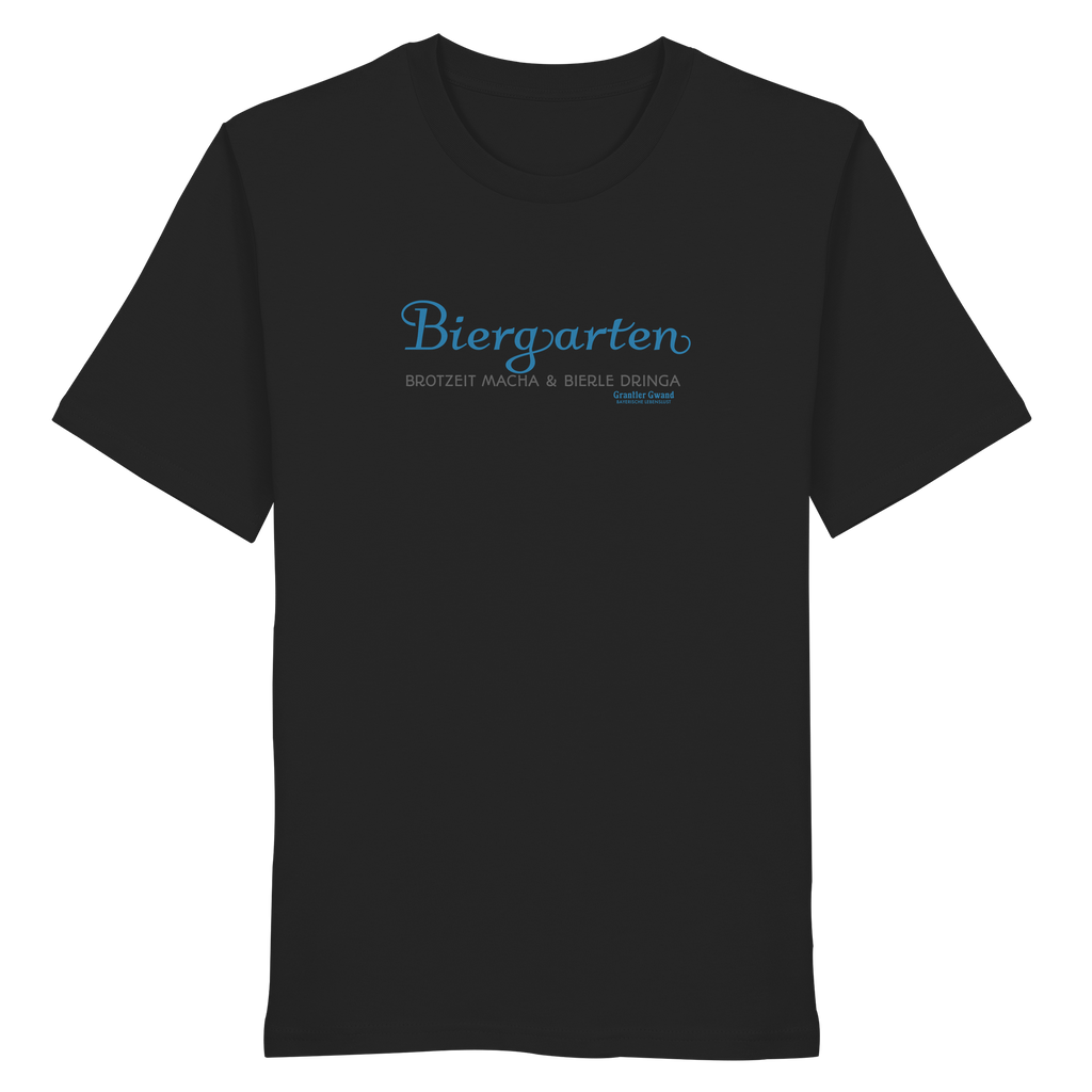 Schwarzes T-Shirt mit Biergarten - Brotzeit macha & Bierle dringa Frontpint in Hellblau und grau.