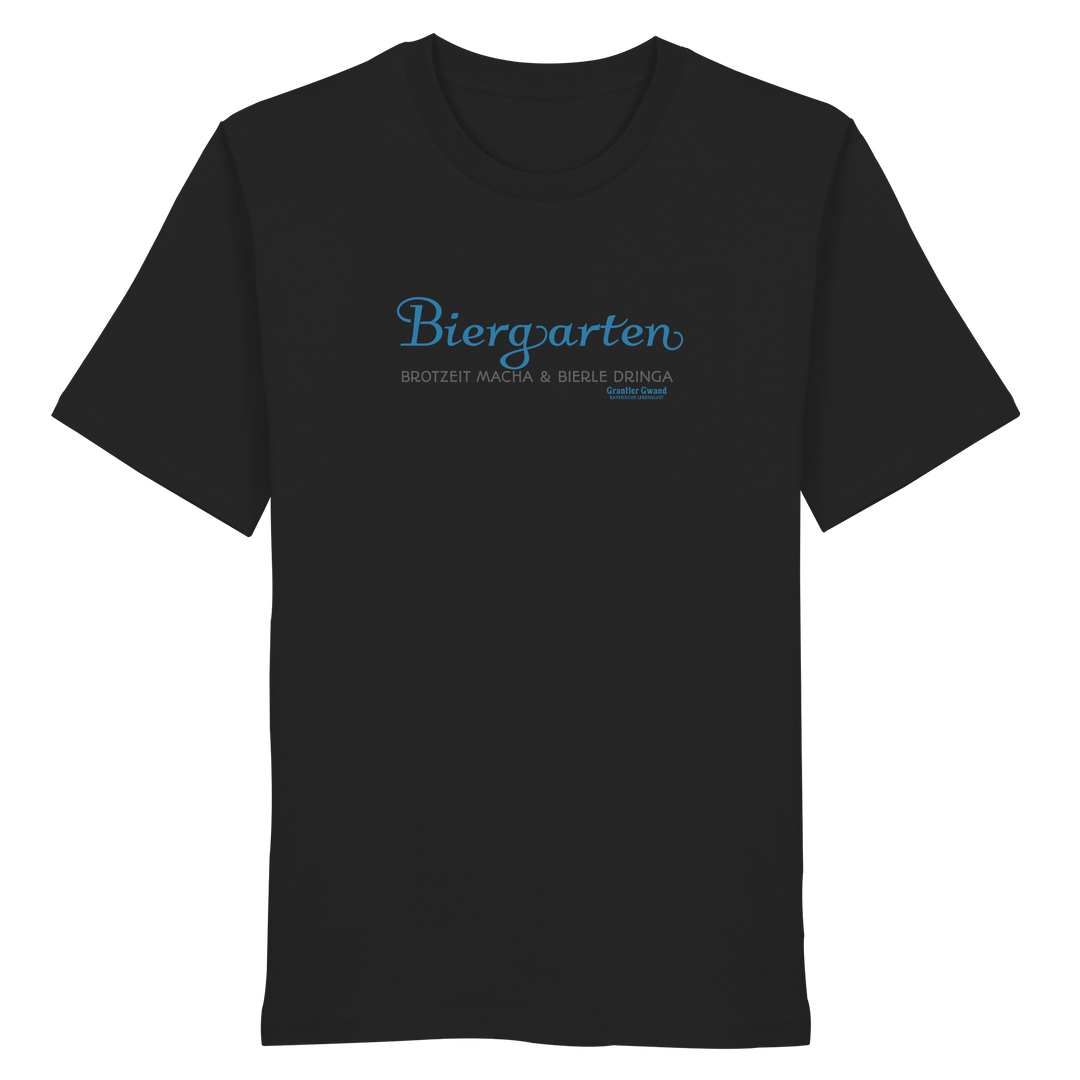 Schwarzes T-Shirt mit Biergarten - Brotzeit macha & Bierle dringa Frontpint in Hellblau und grau.