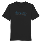 Schwarzes T-Shirt mit Biergarten - Brotzeit macha & Bierle dringa Frontpint in Hellblau und grau.