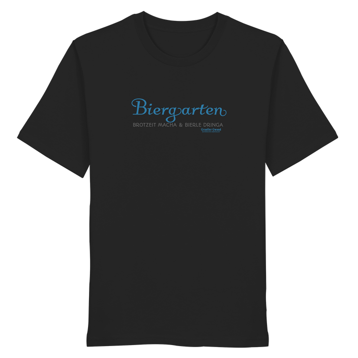 Schwarzes T-Shirt mit Biergarten - Brotzeit macha &amp; Bierle dringa Frontpint in Hellblau und grau.