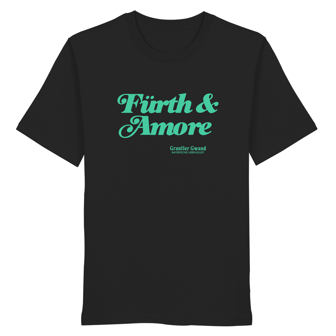 Schwarzes Unisex T-Shirt mit grünem „Fürth &amp; Amore“-Frontprint – bayerische Streetwear von Grantler Gwand im modernen, minimalistischen Look.
