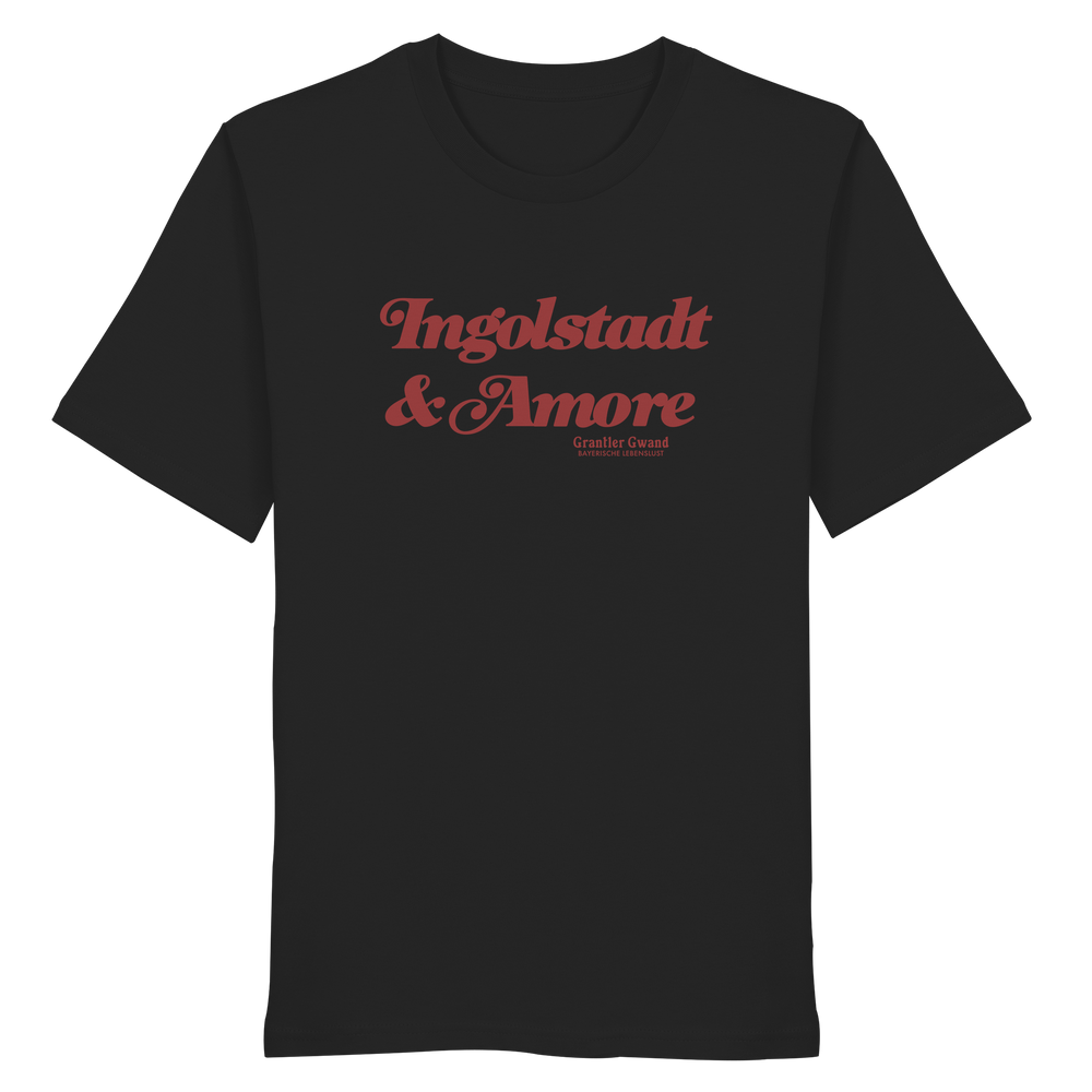 Schwarzes T-Shirt mit rotem „Ingolstadt & Amore“-Frontprint – bayerische Streetwear von Grantler Gwand im modernen, minimalistischen Look.