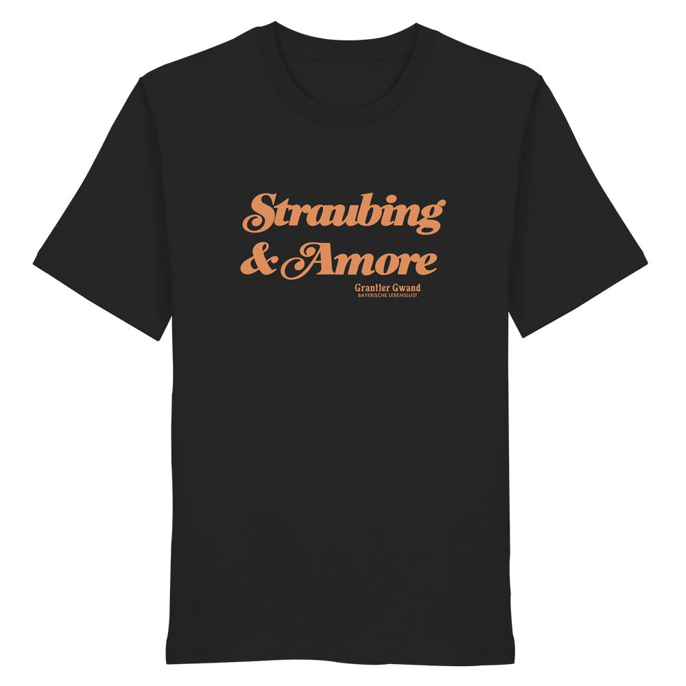 Schwarzes Unisex T-Shirt mit orangefarbenem „Straubing & Amore“-Frontprint – bayerische Streetwear von Grantler Gwand im modernen, minimalistischen Look.