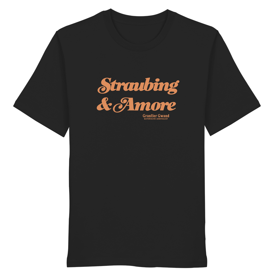 Schwarzes Unisex T-Shirt mit orangefarbenem „Straubing &amp; Amore“-Frontprint – bayerische Streetwear von Grantler Gwand im modernen, minimalistischen Look.