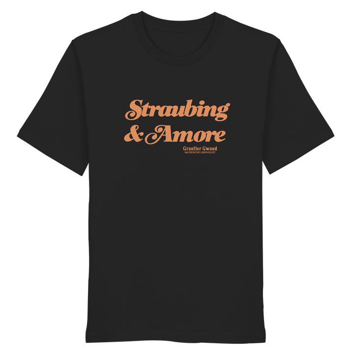 Schwarzes Unisex T-Shirt mit orangefarbenem „Straubing &amp; Amore“-Frontprint – bayerische Streetwear von Grantler Gwand im modernen, minimalistischen Look.