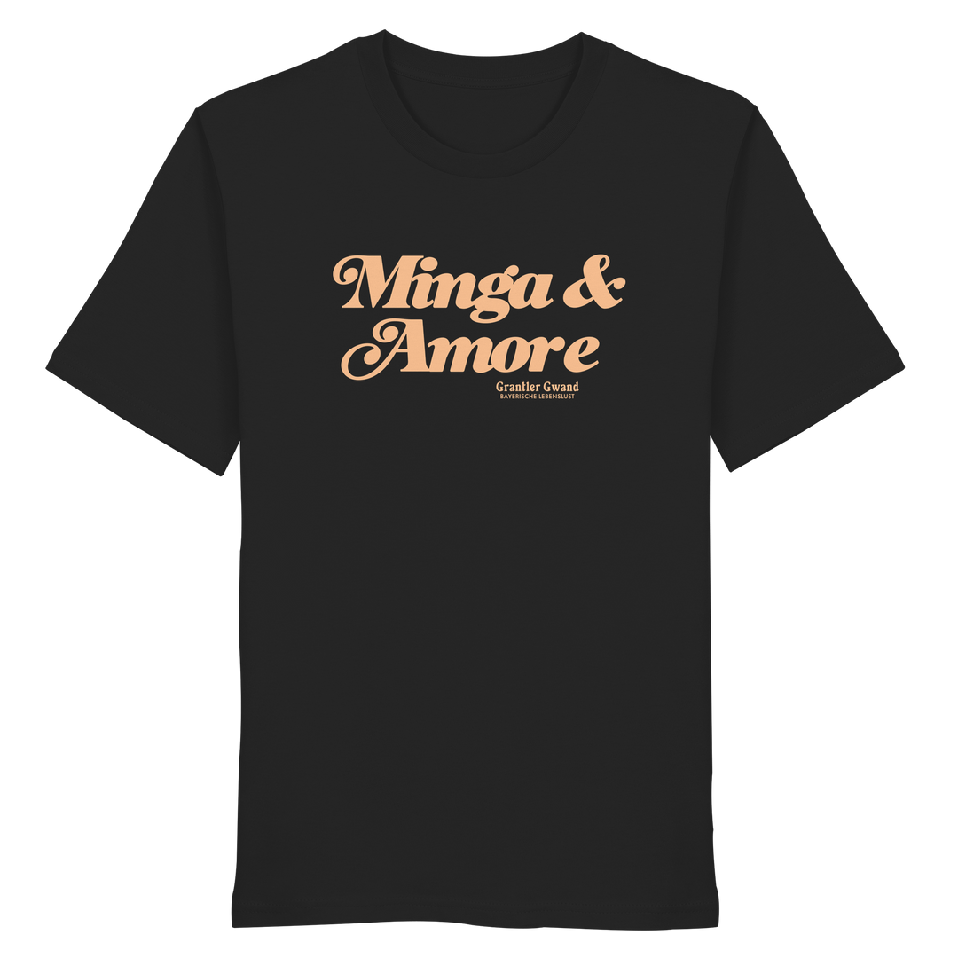 Schwarzes Unisex T-Shirt von Grantler Gwand mit apricotfarbenem Frontprint „Minga &amp; Amore“ im Retro-Schriftzug – bayerisches Streetwear T-Shirt aus Baumwolle.
