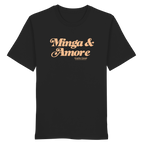 Schwarzes Unisex T-Shirt von Grantler Gwand mit apricotfarbenem Frontprint „Minga & Amore“ im Retro-Schriftzug – bayerisches Streetwear T-Shirt aus Baumwolle.