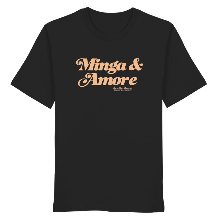Schwarzes Unisex T-Shirt von Grantler Gwand mit apricotfarbenem Frontprint „Minga &amp; Amore“ im Retro-Schriftzug – bayerisches Streetwear T-Shirt aus Baumwolle.
