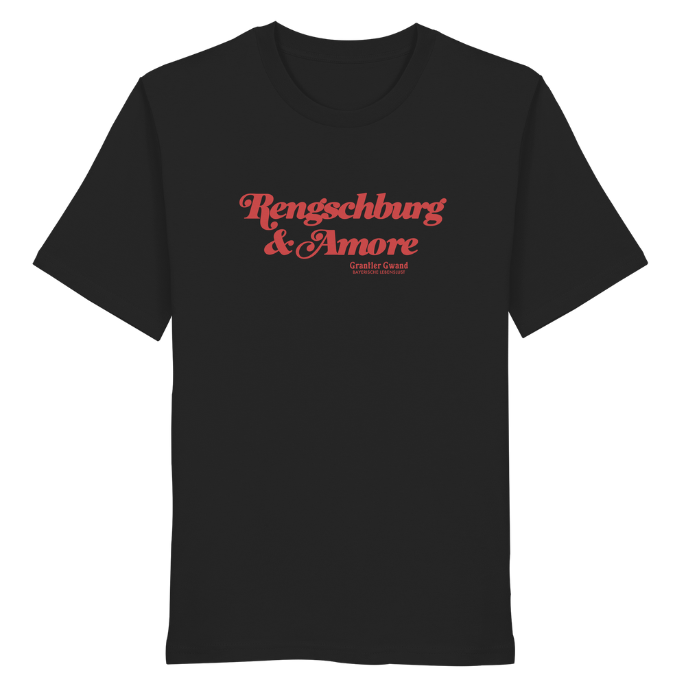 Schwarzes Unisex T-Shirt von Grantler Gwand mit rotem Frontprint „Regensburg & Amore“ im Retro-Schriftzug – bayerisches Streetwear T-Shirt aus Baumwolle.