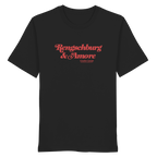 Schwarzes Unisex T-Shirt von Grantler Gwand mit rotem Frontprint „Regensburg & Amore“ im Retro-Schriftzug – bayerisches Streetwear T-Shirt aus Baumwolle.