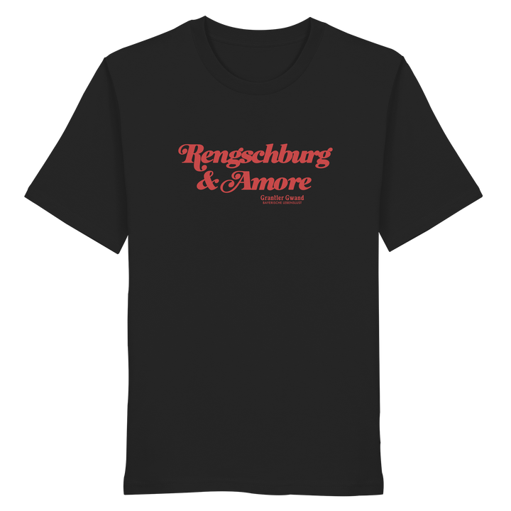 Schwarzes Unisex T-Shirt von Grantler Gwand mit rotem Frontprint „Regensburg &amp; Amore“ im Retro-Schriftzug – bayerisches Streetwear T-Shirt aus Baumwolle.