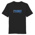 Schwarzes T-Shirt mit blauem Frontprint „Gschneizt & Kampelt“. Bayerisches Dialekt-Shirt im modernen Streetwear-Style für Volksfest, Biergarten und Alltag. Hochwertige Baumwolle, designed und bedruckt in Bayern von Grantler Gwand.