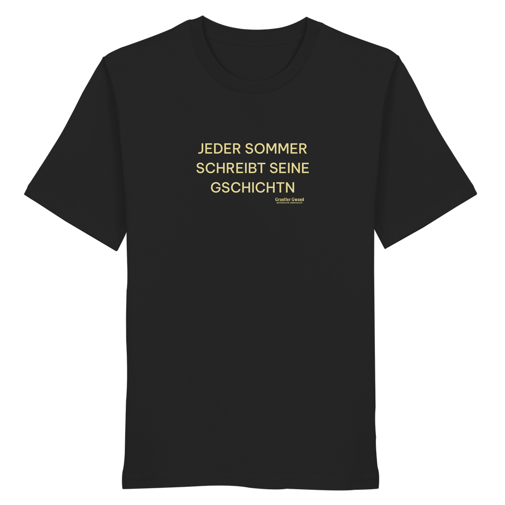 Jeder Sommer schreibt seine Gschichtn - gelbe Variante - Frontprint - T-Shirt