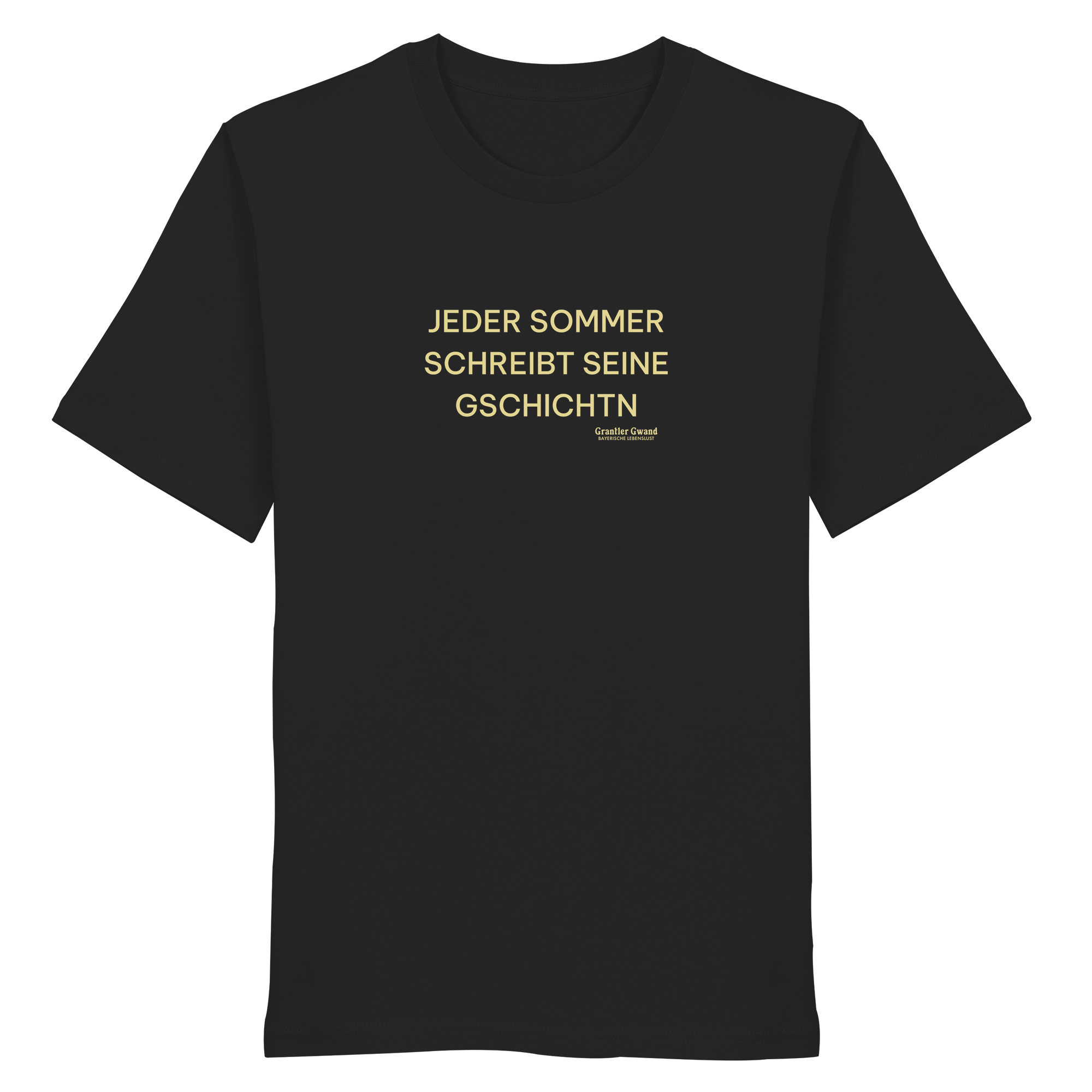 Jeder Sommer schreibt seine Gschichtn - gelbe Variante - Frontprint - T-Shirt