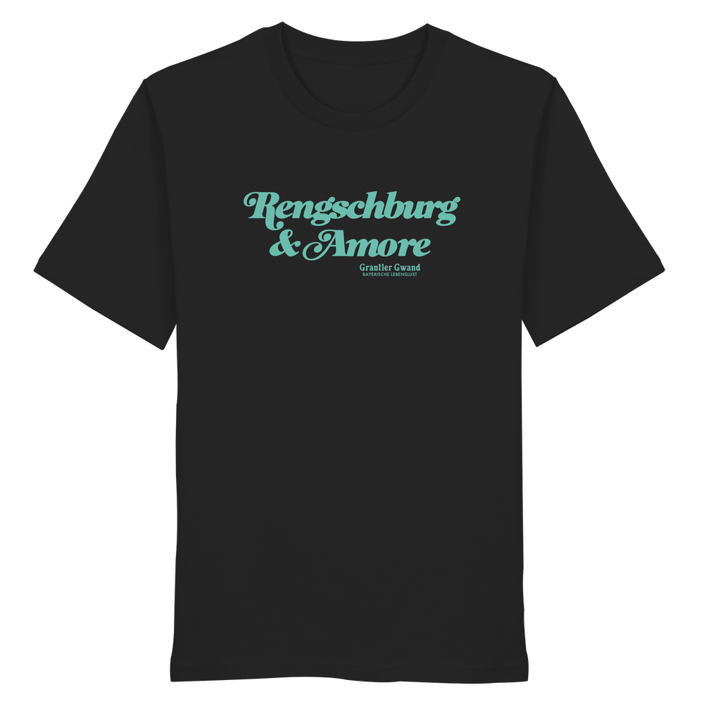 Schwarzes Unisex T-Shirt von Grantler Gwand mit mintgrünem Frontprint „Regensburg & Amore“ im Retro-Schriftzug – bayerisches Streetwear T-Shirt aus Baumwolle.