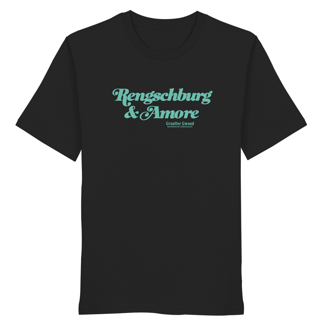 Schwarzes Unisex T-Shirt von Grantler Gwand mit mintgrünem Frontprint „Regensburg &amp; Amore“ im Retro-Schriftzug – bayerisches Streetwear T-Shirt aus Baumwolle.
