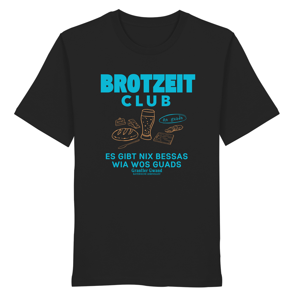 Schwarzes T-Shirt von Grantler Gwand mit grünem Frontprint „Brotzeit Club“ und handgezeichneten Brotzeit-Motiven – bayerisches Streetwear T-Shirt aus Baumwolle.