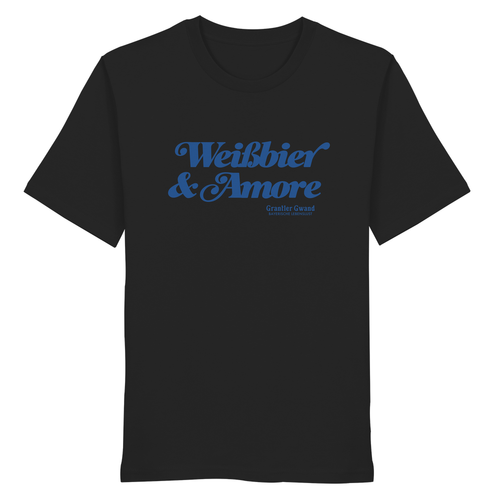 Schwarzes Unisex T-Shirt mit blauem Frontprint „Weißbier & Amore“. Modernes bayerisches Streetwear-Shirt für Biergarten, Volksfest und Alltag. Hochwertige Baumwolle, designed und bedruckt in Bayern von Grantler Gwand.