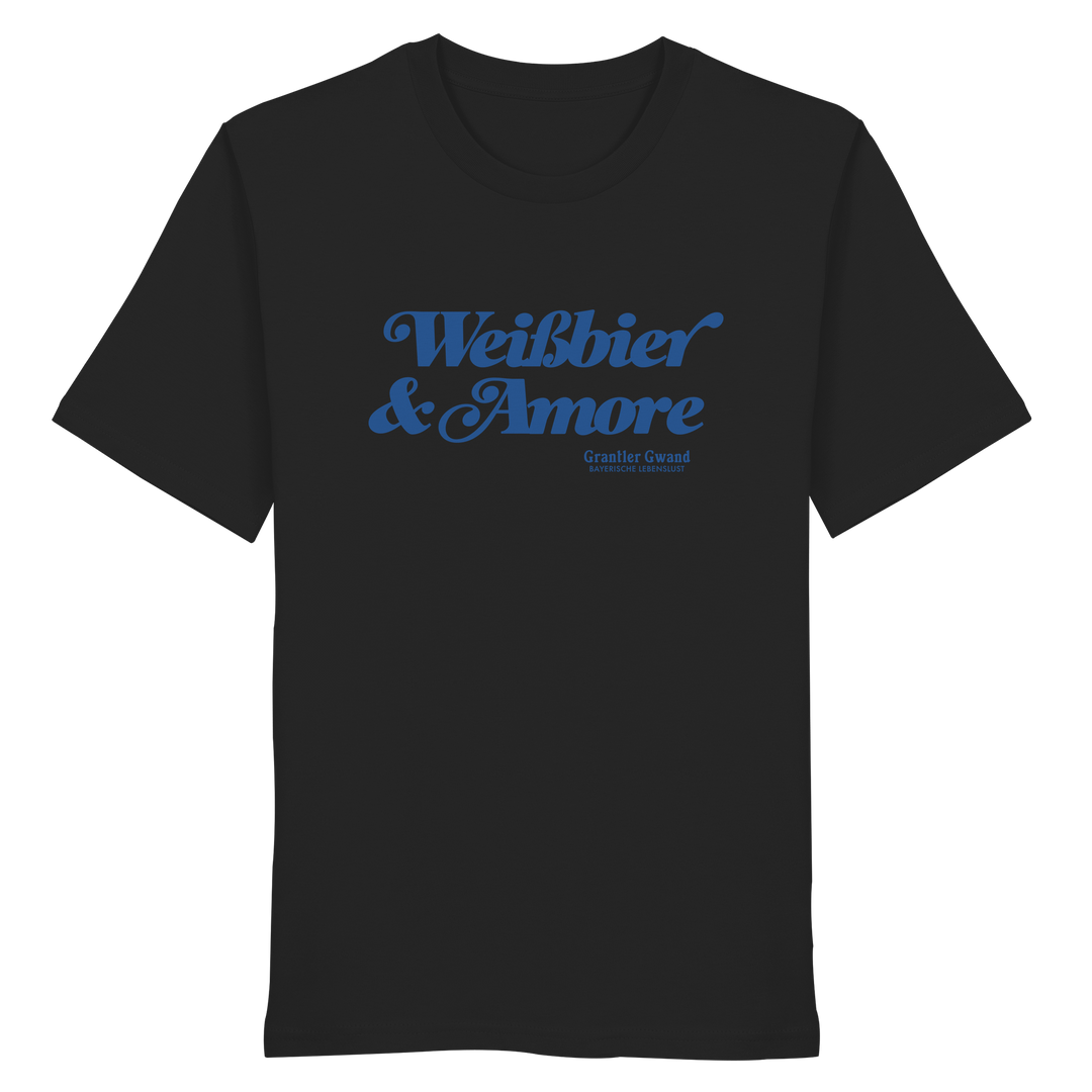 Schwarzes Unisex T-Shirt mit blauem Frontprint „Weißbier &amp; Amore“. Modernes bayerisches Streetwear-Shirt für Biergarten, Volksfest und Alltag. Hochwertige Baumwolle, designed und bedruckt in Bayern von Grantler Gwand.
