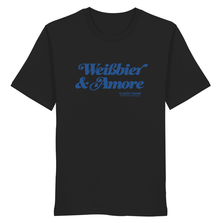 Schwarzes Unisex T-Shirt mit blauem Frontprint „Weißbier &amp; Amore“. Modernes bayerisches Streetwear-Shirt für Biergarten, Volksfest und Alltag. Hochwertige Baumwolle, designed und bedruckt in Bayern von Grantler Gwand.