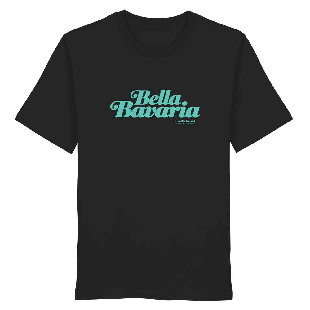 Schwarzes Unisex T-Shirt mit grünem „Bella Bavaria“-Frontprint – bayerische Streetwear von Grantler Gwand im modernen, minimalistischen Look.