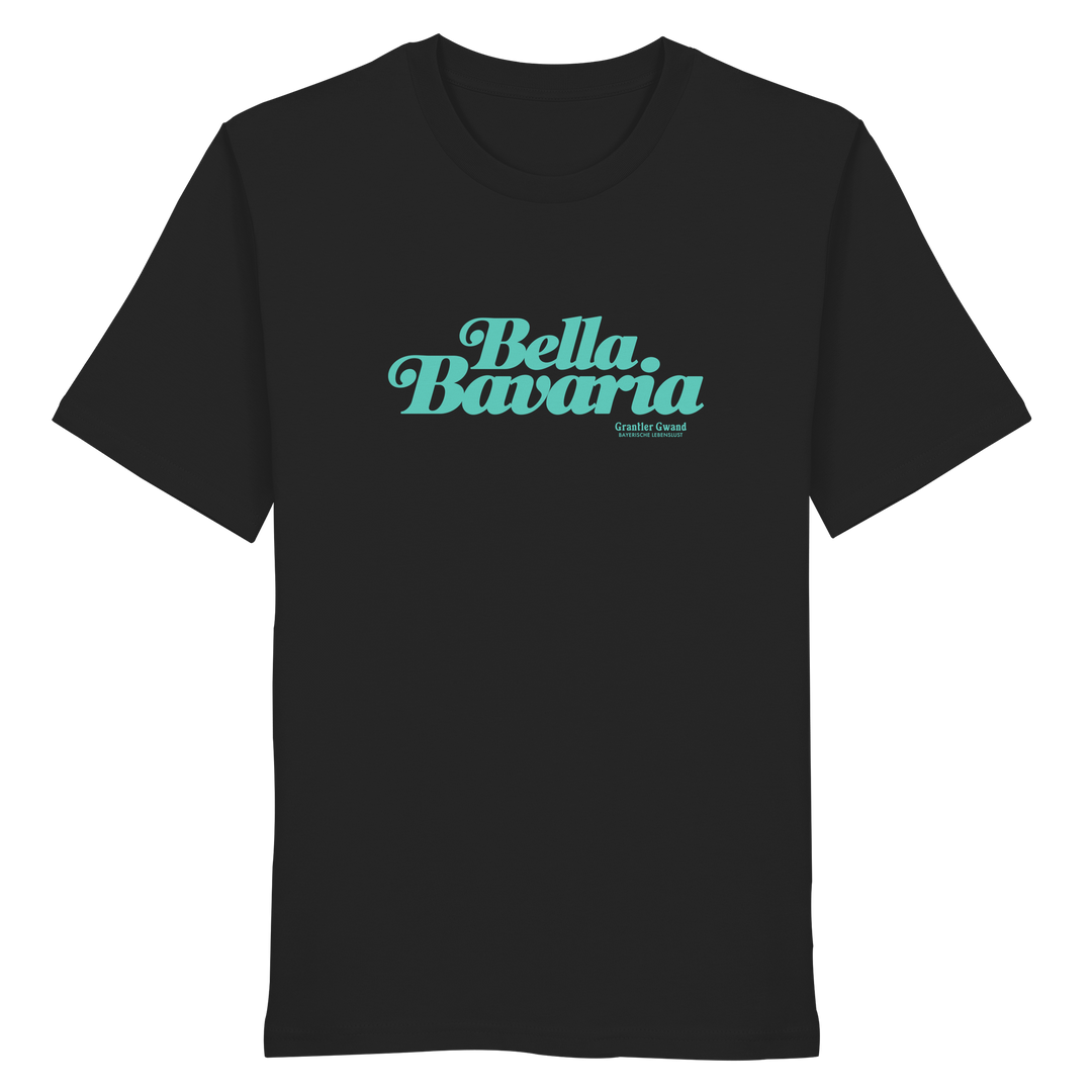 Schwarzes Unisex T-Shirt mit grünem „Bella Bavaria“-Frontprint – bayerische Streetwear von Grantler Gwand im modernen, minimalistischen Look.