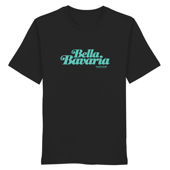 Schwarzes Unisex T-Shirt mit grünem „Bella Bavaria“-Frontprint – bayerische Streetwear von Grantler Gwand im modernen, minimalistischen Look.
