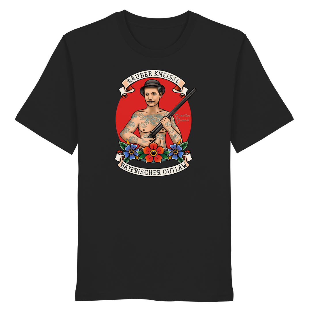 Schwarzes Räuber Kneissl Unisex T-Shirt mit markantem Frontprint im Tattoo-Style. Unisex Streetwear Shirt aus 100 % ringgesponnener Baumwolle mit bayerischem Motiv. Designed und bedruckt in Bayern von Grantler Gwand.