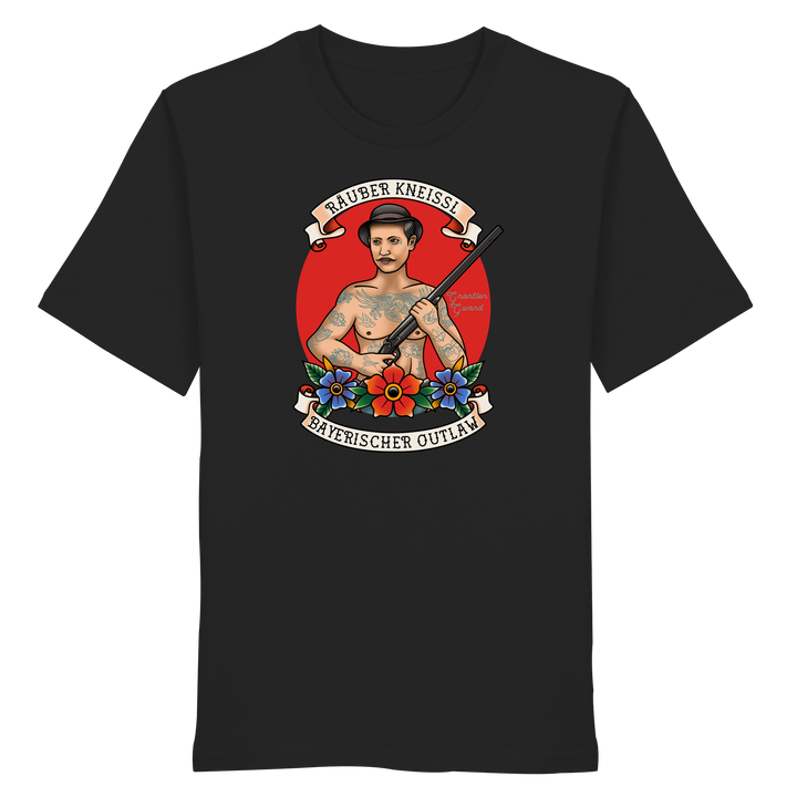 Schwarzes Räuber Kneissl Unisex T-Shirt mit markantem Frontprint im Tattoo-Style. Unisex Streetwear Shirt aus 100 % ringgesponnener Baumwolle mit bayerischem Motiv. Designed und bedruckt in Bayern von Grantler Gwand.