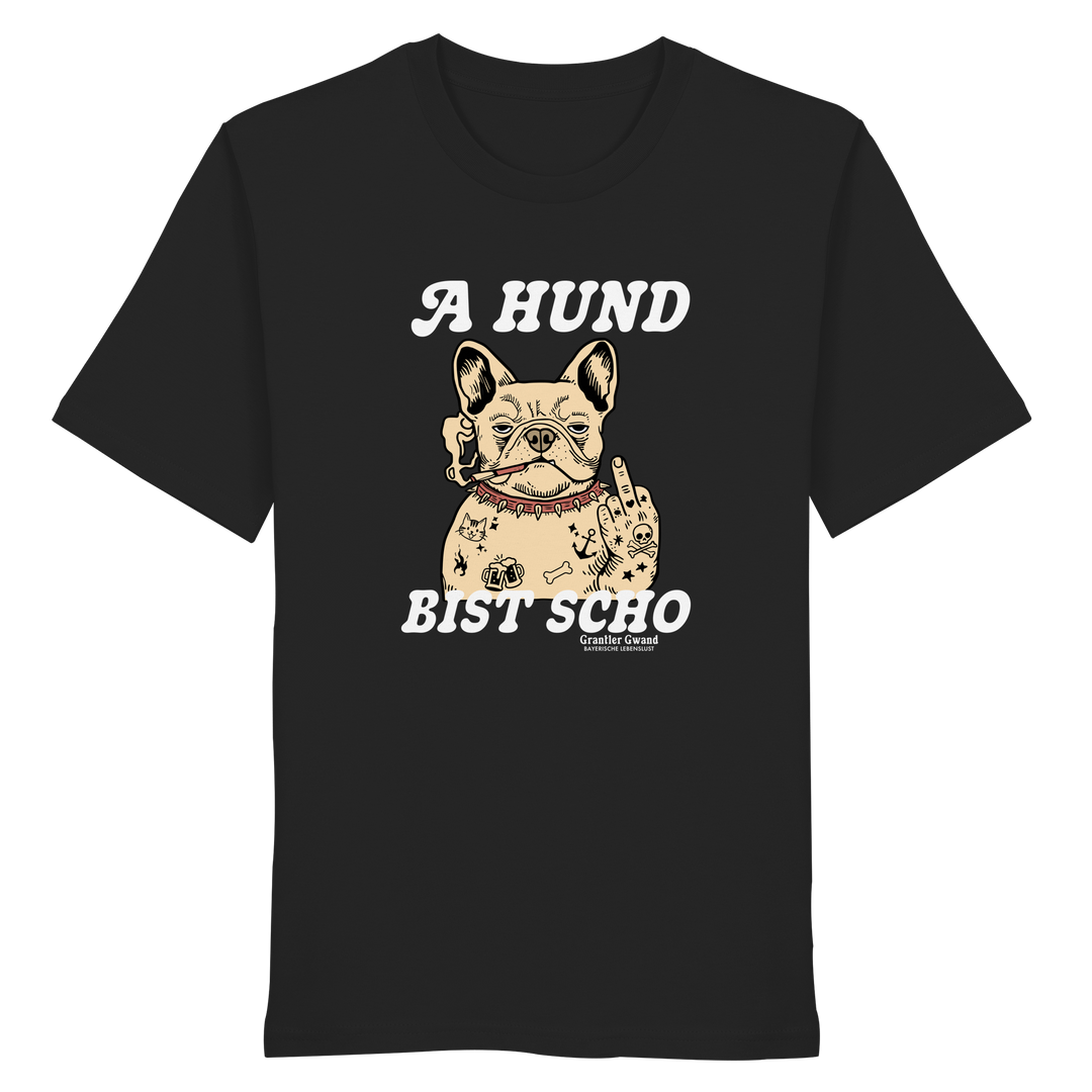 Schwarzes Unisex Shirt mit Frontprint „A Hund bist scho“ und Bulldoggen-Motiv im Vintage-Stil – bayerischer Statement-Hoodie von Grantler Gwand.