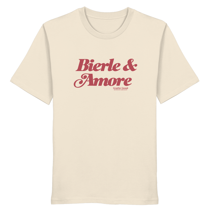 Cremefarbenes Unisex T-Shirt mit rotem „Bierle &amp; Amore“-Frontprint – bayerische Streetwear von Grantler Gwand im modernen, minimalistischen Look.