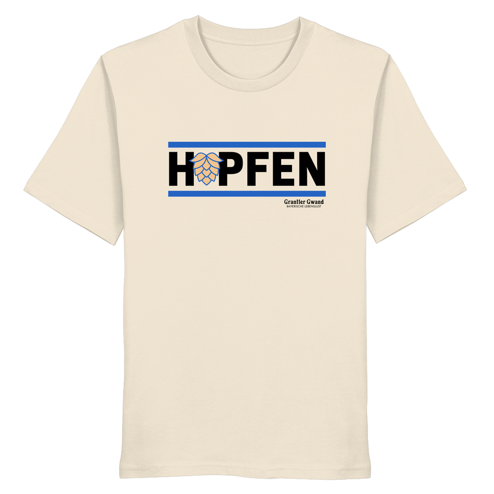 Naturfarbenes Shirt mit minimalistischem Hopfen-Frontprint in Schwarz und Blau von Grantler Gwand.