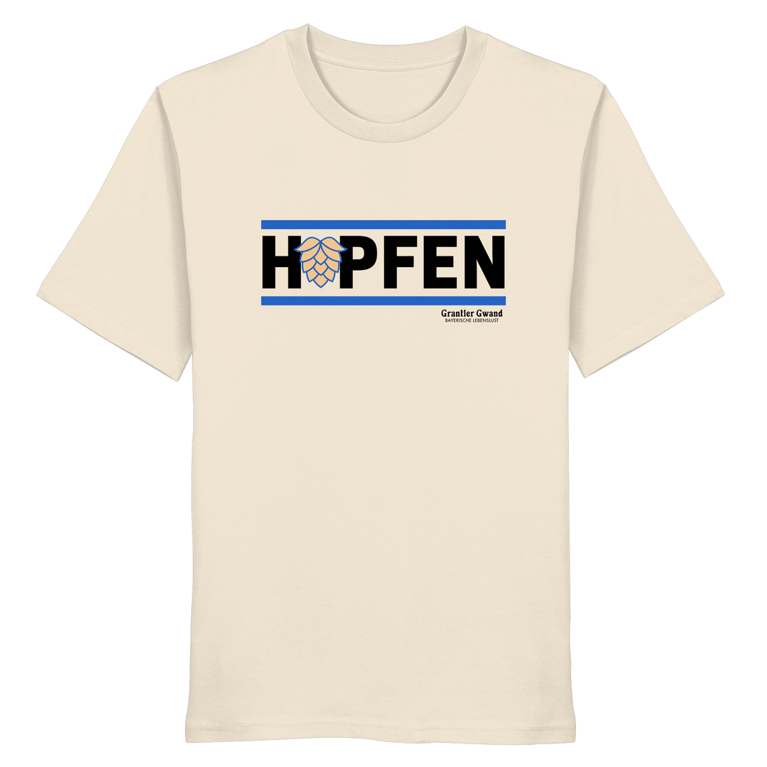 Naturfarbenes Shirt mit minimalistischem Hopfen-Frontprint in Schwarz und Blau von Grantler Gwand.