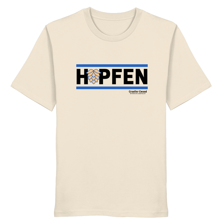 Naturfarbenes Shirt mit minimalistischem Hopfen-Frontprint in Schwarz und Blau von Grantler Gwand.