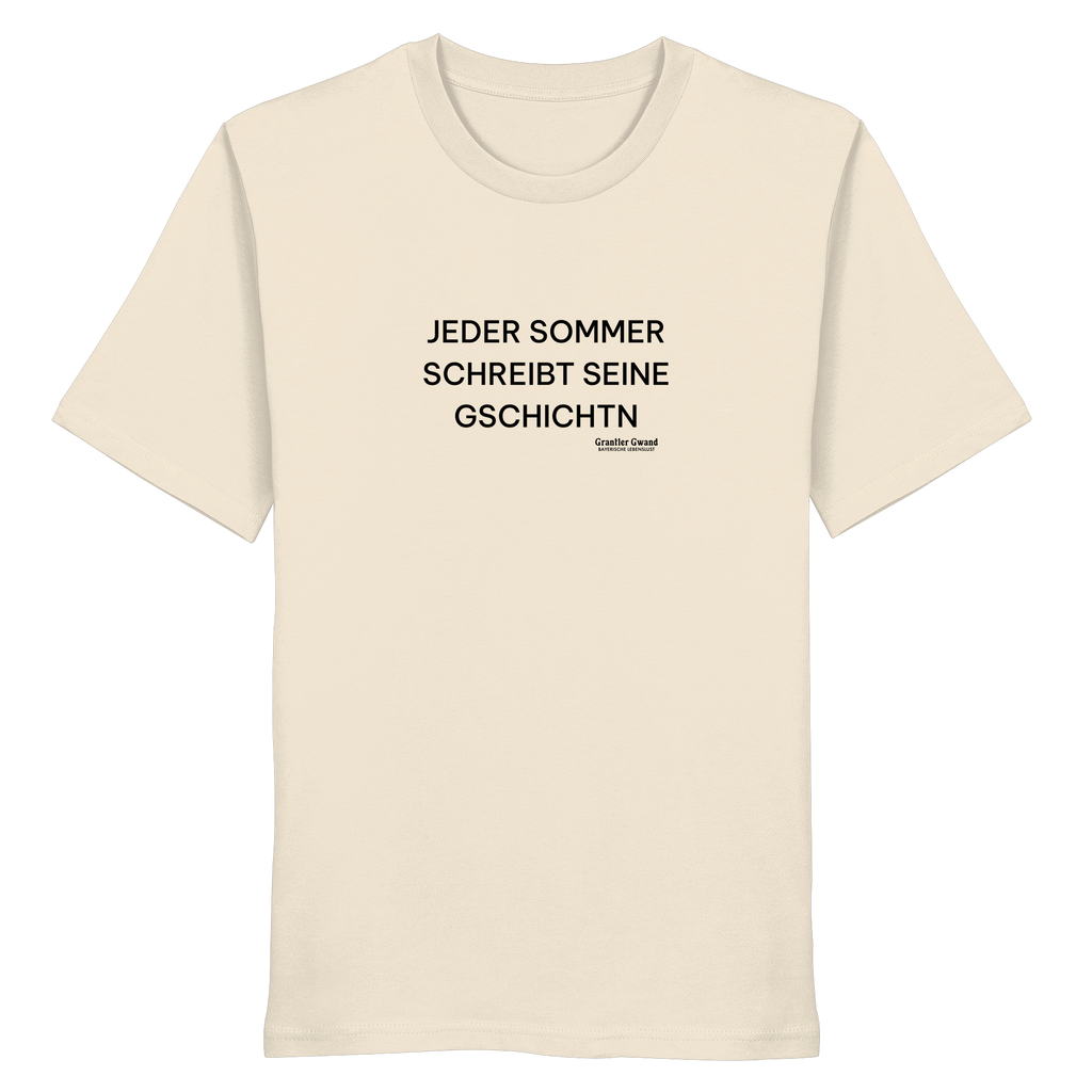 Jeder Sommer schreibt seine Gschichtn - schwarze Variante - Frontprint - T-Shirt